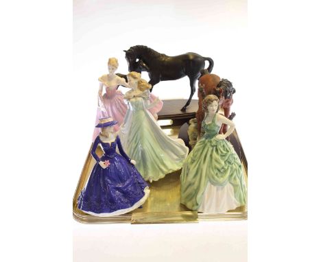 Two Royal Doulton figures, Royal Worcester figure, Coalport figure, Royal Doulton Black Beauty and foal, etc
