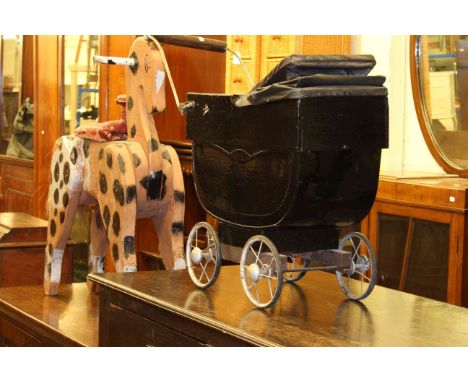 Vintage dolls pram and child's wooden horse