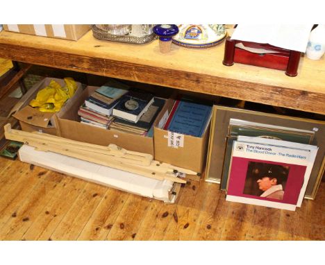 Artist's easel, British Railways Working Timetables, books, oak panels, pictures, etc
