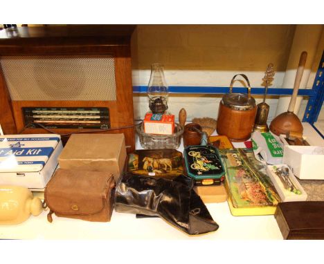 1950's radio, vintage first aid kits, stoneware hot water bottle, gas mask and collectables