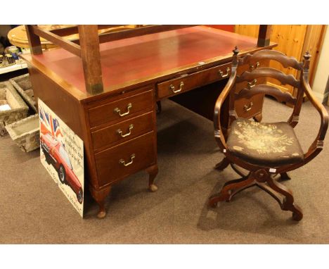 Seven drawer mahogany pedestal desk on cabriole legs and X-framed ladder back elbow chair (2)
