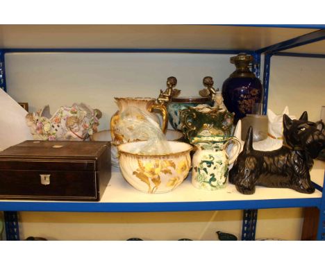 Limoges toilet set, two pot dogs, cherub centre pieces, rosewood box, watches, lamp etc