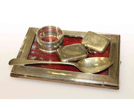 Silver picture frame, silver spoon, two silver vesta cases and a silver napkin ring (5)