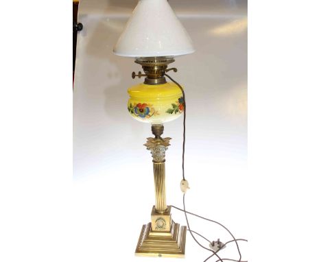 Brass corinthian column oil lamp with floral painted reservoir and opaque shade (converted to electric)