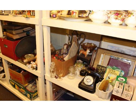 Books, pictures, glassware, china, vintage telephone, horsebrasses, stool, etc