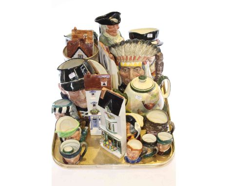 Four large Royal Doulton character jugs, Royal Doulton toby jug, Royal Doulton teapot decorated with pheasants, etc 