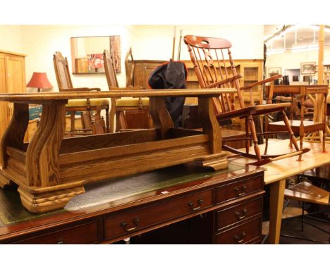 Continental oak rectangular low centre table, Windsor style rocking chair, yew lamp table and Bentwood coat stand (4)