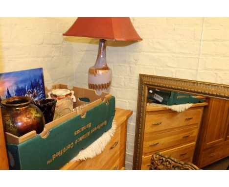 Two gilt framed wall mirrors, Chinese rug, table lamp and shade, box of china