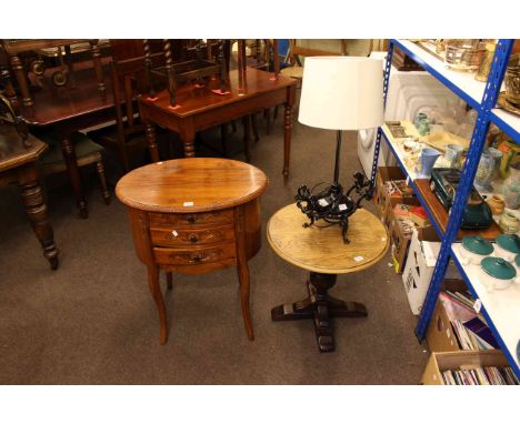 Oval chest of three drawers, Jaycee circular oak lamp table and metal lamp (3)