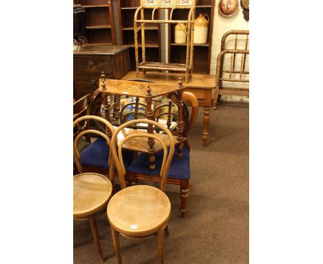 Victorian bamboo and tiled back stick stand, rectangular turned leg table, pair Victorian mahogany balloon back dining chairs