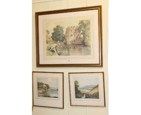Sturgeon limited edition print, Herdman Smith, two Derwent Water prints, oval mahogany tray and needlework firescreen (5)