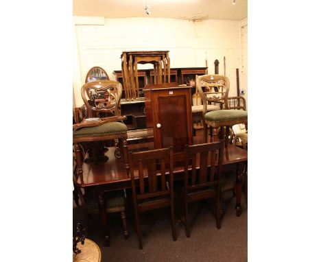 Rectangular mahogany dining table, six balloon back dining chairs, Victorian mahogany pot cupboard, nest of three tables, pai