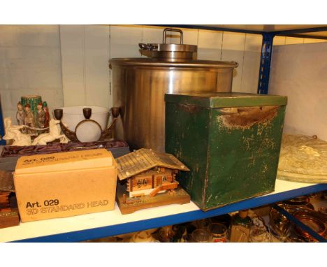 Large stainless steel pan, two glass wall plates, two vintage stoves, cake knife, jelly mould, novelty clock, lamps, etc