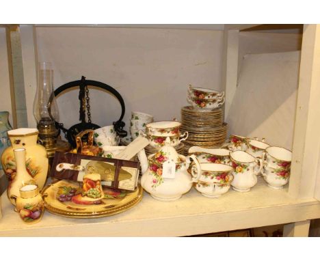 Royal Albert 'Old COuntry Roses' tableware, Aynsley Orchard Gold china, hanging oil lamp, etc