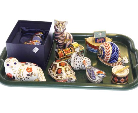 Nine Royal Crown Derby paperweights, (a/f); and a Royal Worcester cockerel paperweight (10)