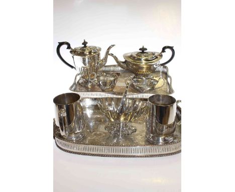 Two silver-plated trays, silver-plated four-piece tea service, etc