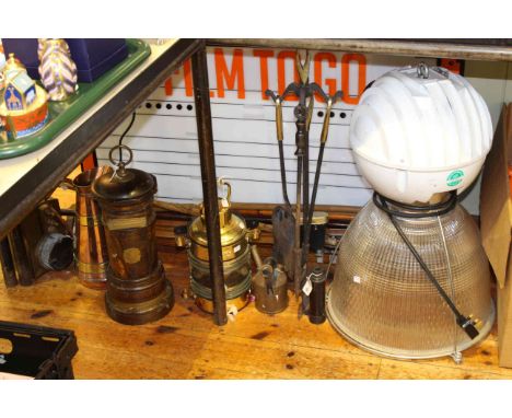 Fire tools, brass ships lamp, copper jug, cinema sign, etc