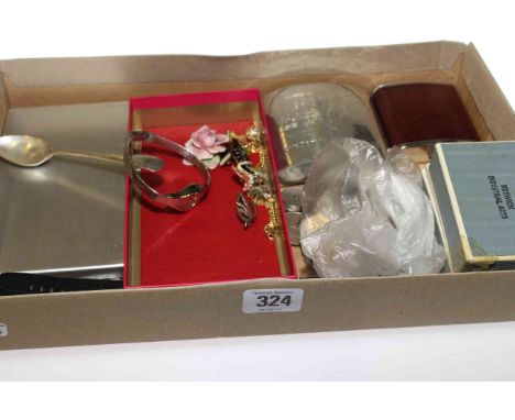 Silver spoon, coins, hip flask, etc