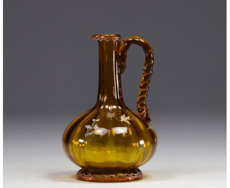 Cristallerie Emile GALLE, brown enamelled jug decorated with flowers and insects. Signed Emile Galle in Nancy. - Weight: 550 