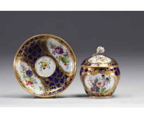 MARCOLINI, Meissen porcelain sugar bowl and saucer in shades of blue enhanced with scrolls and ormolu rose, fruit and flowers