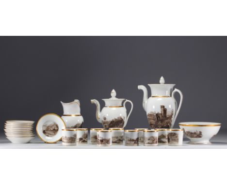 Porcelain service decorated with grisaille German landscapes and villages, 19th century. Service consisting of a coffee pot, 