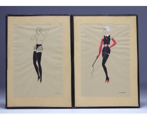 Diana SLIP "Lingeries erotiques" (erotic lingerie) suite of eight plates of drawings "Lingeries libertines" printed and enhan