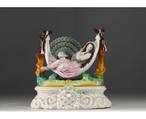 Andenne porcelain inkwell "Young woman and peacock", 19th century. Restoration to one of the inkwells. - Weight: 1.33 kg - Sh