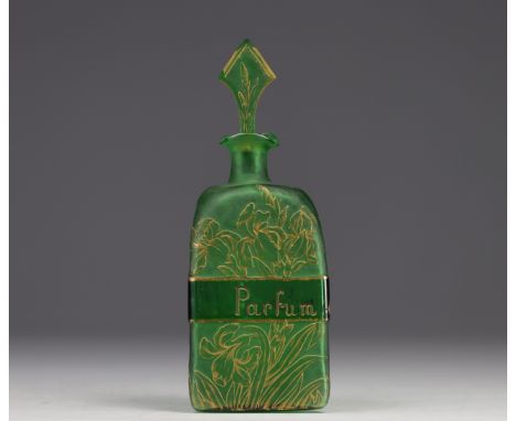 DAUM, imposing acid-etched "speaking" perfume bottle decorated with irises enhanced with gold, titled "Parfum de vertus" in a