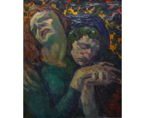 Oil on canvas titled on the back "Tavern in Bruges" revealing a tortured feeling of love in the deep expression of the female