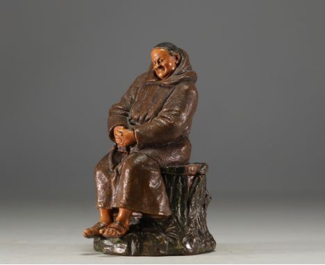 Bernhard BLOCH Polychrome terracotta tobacco pot depicting a monk taking a siesta. Signed "BB". - Weight: 1.22 kg - Shipping 