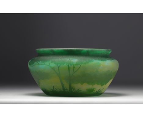 DAUM Nancy - Large vase decorated with a lakeside landscape, trees at the water's edge, acid-etched in shades of green. Signe