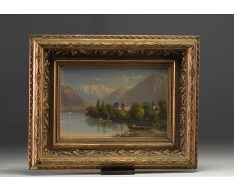 "Vue du lac de Thoune" Small oil on panel, Germany, late 19th century. Illegible signature, Swiss or German small master, dat