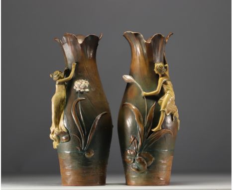 Bernhard BLOCH (1836-1909) - Pair of Art Nouveau enamelled terracotta vases decorated with young women and flowers. Engraved 