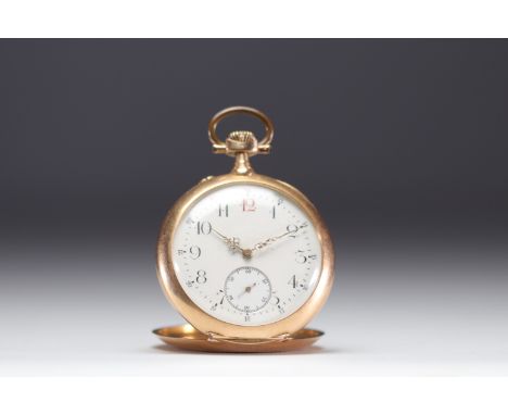 Gousset watch, 18K gold hallmark, engraved "Aux fabricants suisses reunis" Fensen chronometer with anchor, Brussels 19 Rue de