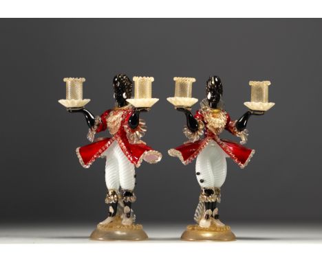 Murano - Pair of candlesticks with black figures in polychrome glass, red and gold flakes, circa 1920. - Weight: 2.87 kg - Sh