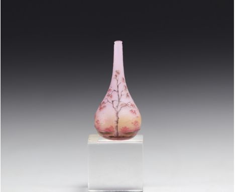 DAUM Nancy - Miniature vase decorated with a Japanese cherry tree on a pink background. Signed under the base Daum Nancy cros