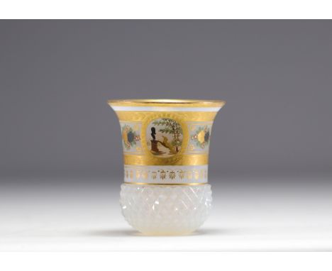 Rare "Goblet" from the Charles X period in opaline decorated with fine gold medallions depicting scenes of landscapes and ani