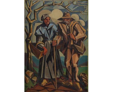 Maurice ALBE - "Les Croquants" Oil on canvas, signed and dated 1950. Monogram of the artist on the back, description of the S