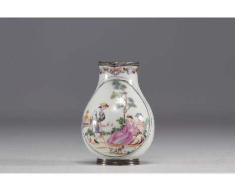 China - Compagnie des Indes porcelain coffee pot, silver and vermeil mount with Famille Rose romantic decoration, 18th centur