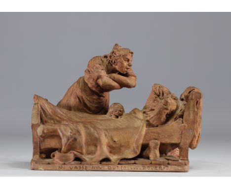 Jean FLORKIN (1876-?) "Ni vasse nin ovrer....pourri?" Terracotta sculpture. Signed and dated 1910. Two missing pieces. This a
