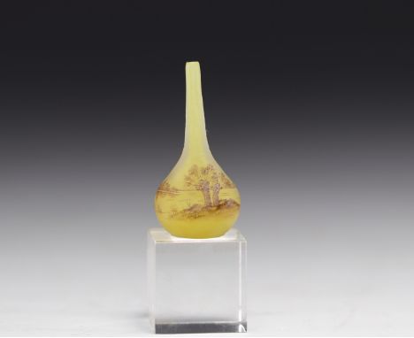 DAUM Nancy - Miniature soliflore vase with landscape design on a yellow background. Signed under the base Daum Nancy cross of