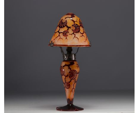 Le Verre Francais - Table lamp with stylised tree motif in brown and orange acid-etched multi-layered glass. Signed on the ba