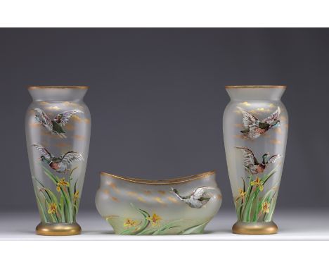 LEGRAS (Attr. to) Set of enamelled glassware decorated with ducks and irises, consisting of a 'flower box' and two vases. - W
