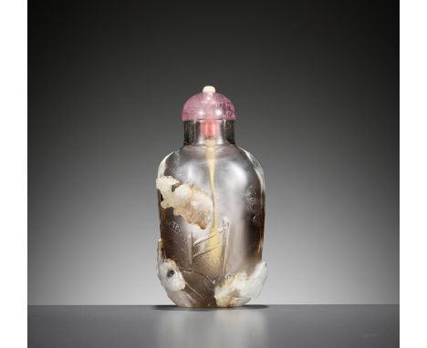 A SMOKEY ROCK CRYSTAL 'DRAGON GATE' SNUFF BOTTLE, 18TH CENTURYChina. Well hollowed, of rounded rectangular form, slightly tap