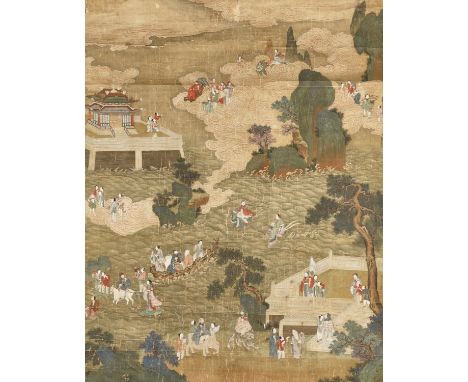 'THE ARRIVAL AT THE PEACH FESTIVAL', QING DYNASTYChina. Ink and color on silk. Depicting the arrival of deities to the peach 