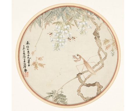 'PRAYING MANTIS', BY JU LIAN (1828-1904), DATED 1895China. Ink and watercolors on silk. Of circular form, finely painted with