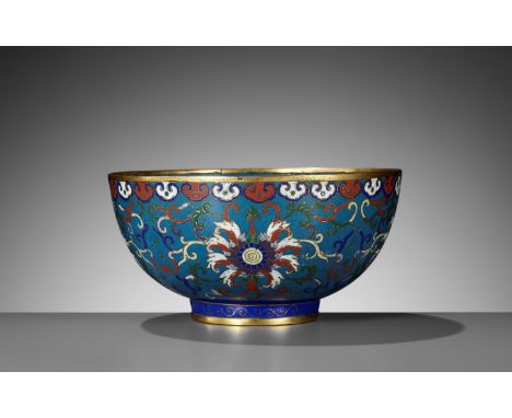 A GILT COPPER ALLOY AND CLOISONNE ENAMEL 'LOTUS' BOWL, QING DYNASTYChina, 1780-1860. The deep rounded sides supported on a sh