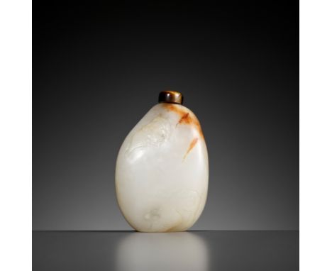 A WHITE AND RUSSET JADE 'PEBBLE' SNUFF BOTTLE, 18TH CENTURYChina. Well hollowed, carved in the form of a pebble, neatly incis
