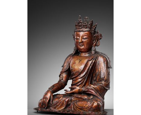 A LARGE GILT-LACQUERED BRONZE FIGURE OF AMITAYUS, MING DYNASTYChina, 1368-1644. Seated in vajrasana, the right hand in bhumis