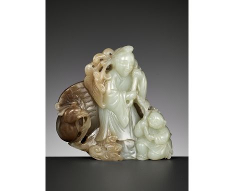 A CELADON AND BROWN JADE 'HE XIANGU, BOY AND PHOENIX' GROUP, QING DYNASTYChina, 18th – early 19th century. The immortal holdi